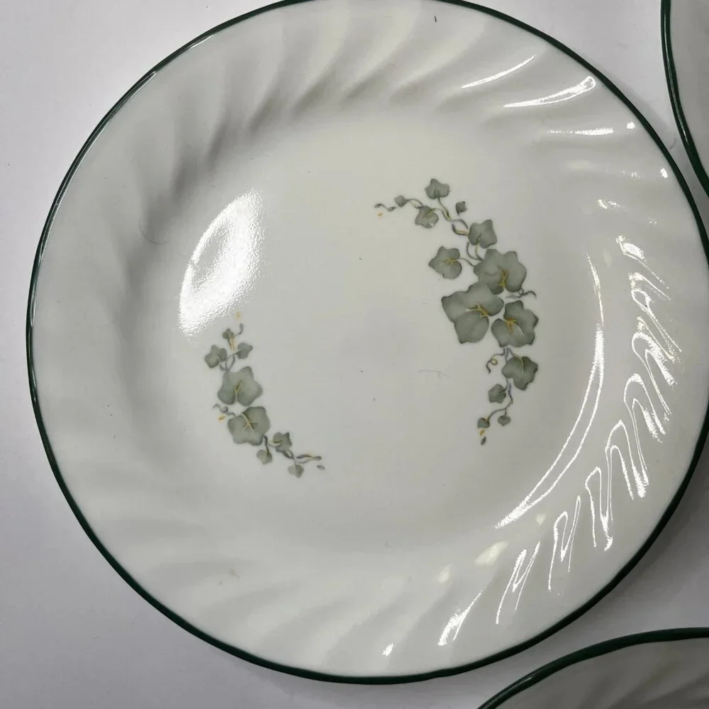 Corelle Callaway Ivy Bread Dessert 7.25” Plate Green Trim White Swirl - Set of 4